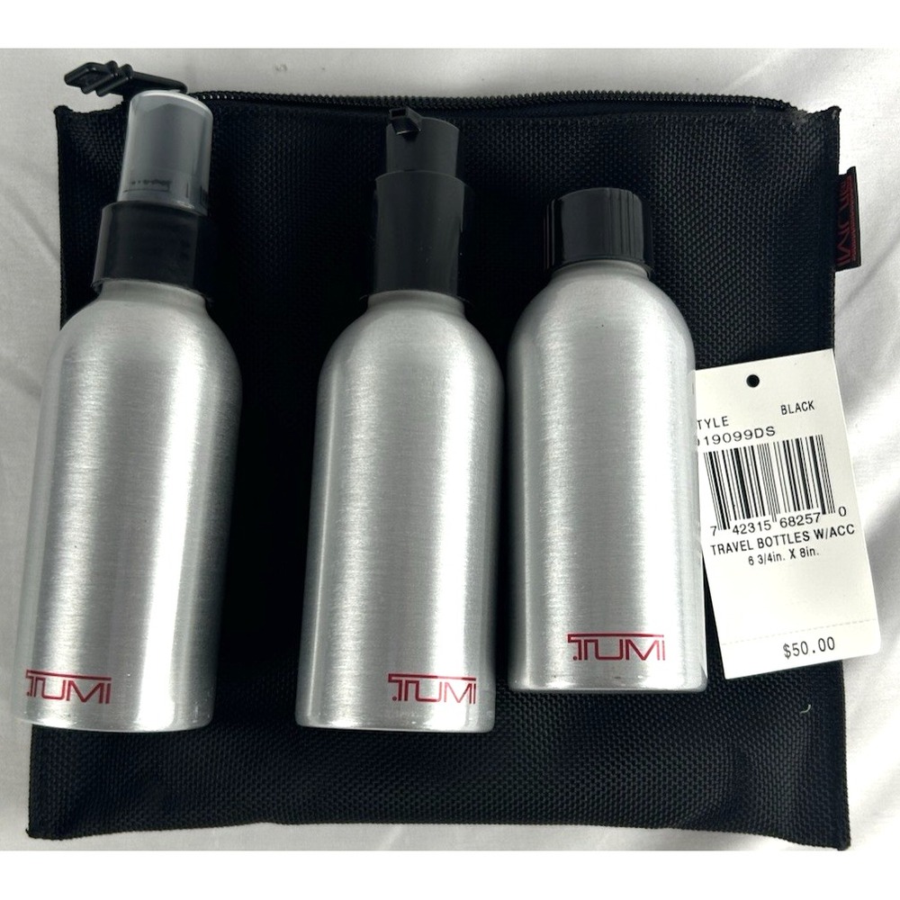 New Tumi Travel Bottles Black Bag Silver Aluminum 6 3/4 X 8 Pump Spray Accessory